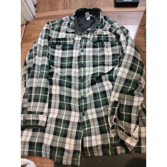 LL Bean Flannel Shirt Sherpa Lined Jacket Mens XXL-Tall Plaid Green Shacket - Picture 1 of 9